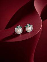 Green-Leaf Ivory-Orb Stud Earrings