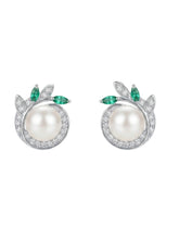 Green-Leaf Ivory-Orb Stud Earrings
