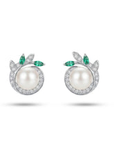 Green-Leaf Ivory-Orb Stud Earrings