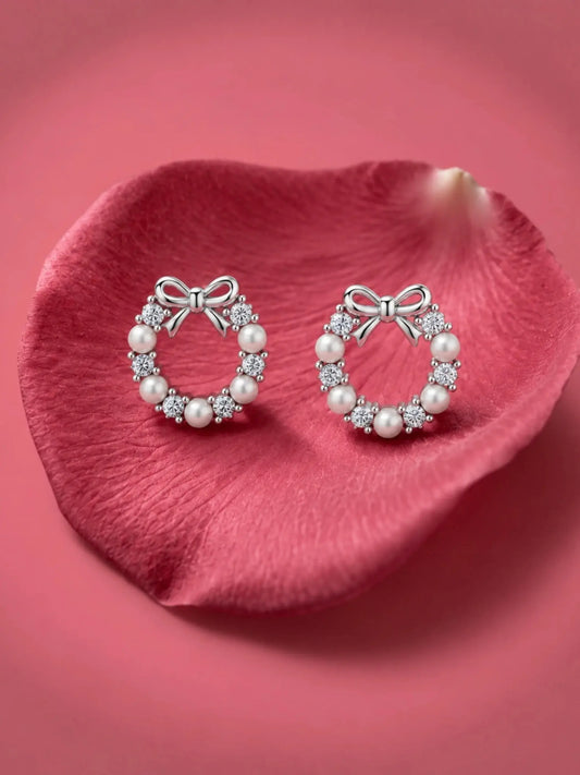 Bow Wreath Ivory-Orb Stud Earrings