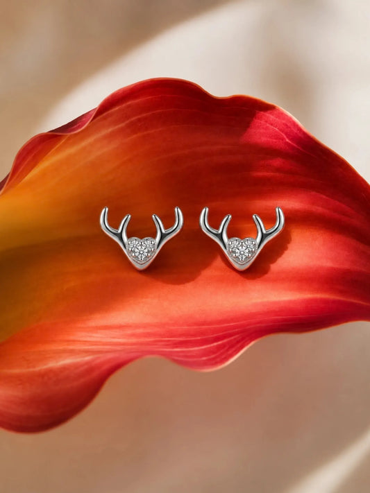 Antler Heart Clear-Stone Stud Earrings