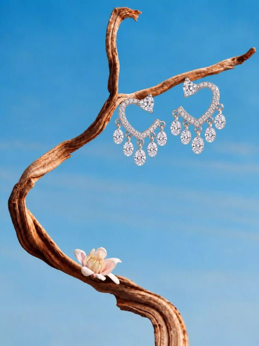 Clear-Stone Heart Chandelier Earrings