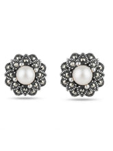 Ivory Bead Marcasite Rosette Stud Earrings