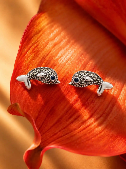 Blue Eye Dolphin Marcasite Stud Earrings