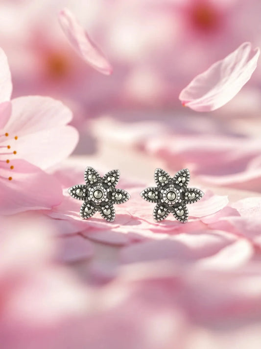Six Petal Marcasite Flower Stud Earrings