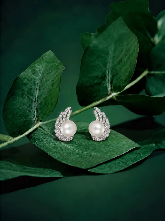Winged Pearl Halo Stud Earrings