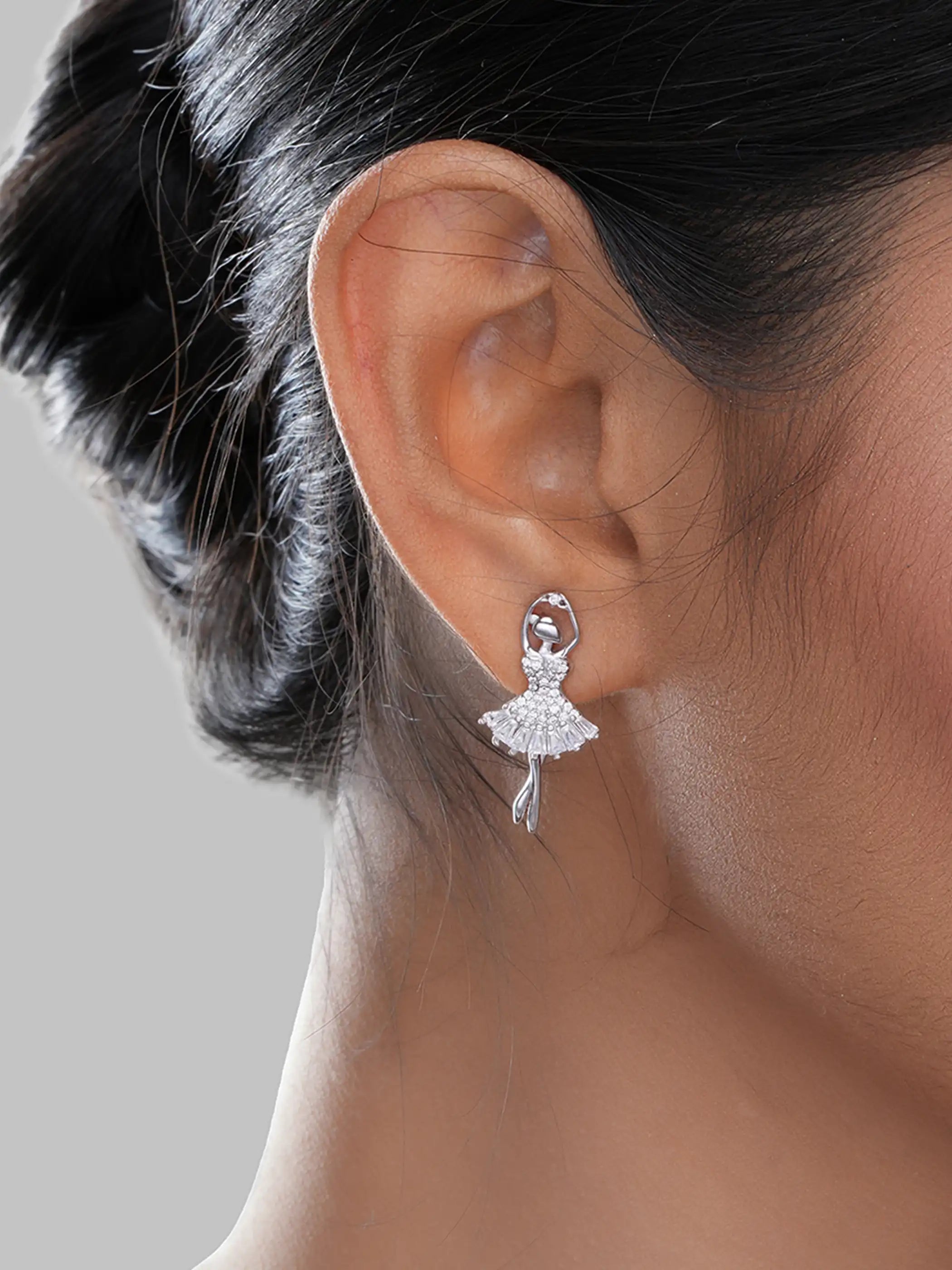 925 silver ballerina stud earrings with crystal-studded dress and elegant dancer motif design