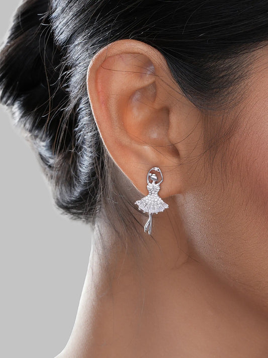 925 silver ballerina stud earrings with crystal-studded dress and elegant dancer motif design