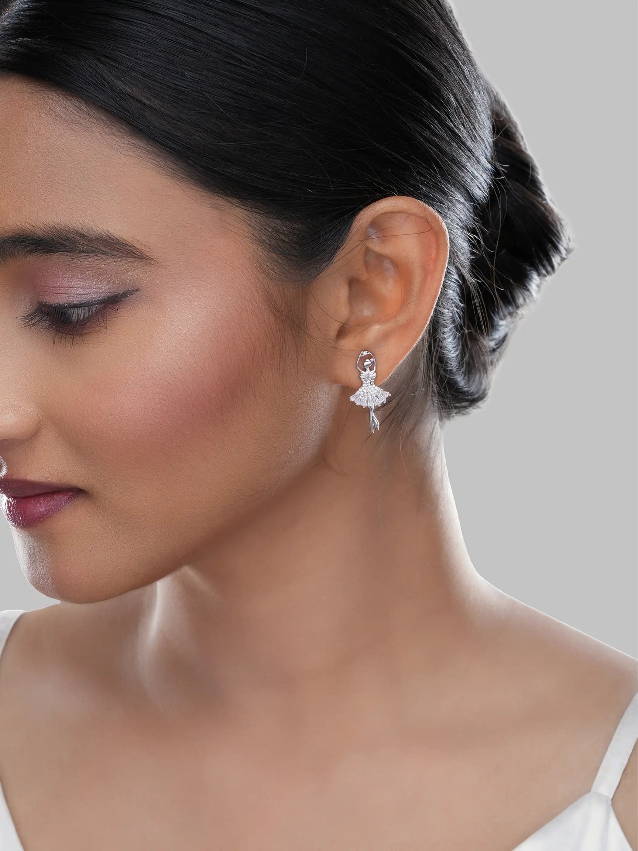 925 silver ballerina stud earrings with crystal-studded dress and elegant dancer motif design
