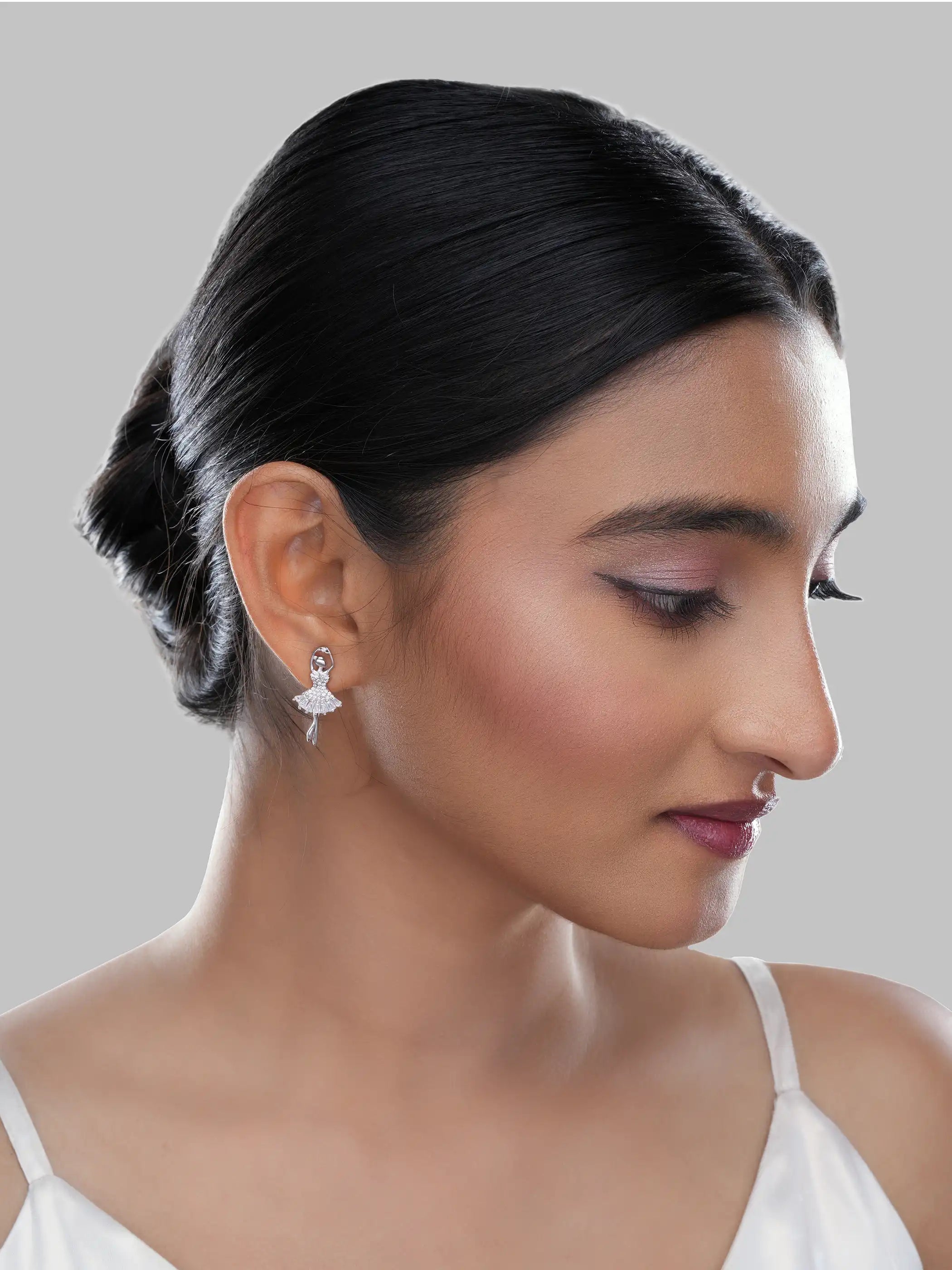 925 silver ballerina stud earrings with crystal-studded dress and elegant dancer motif design