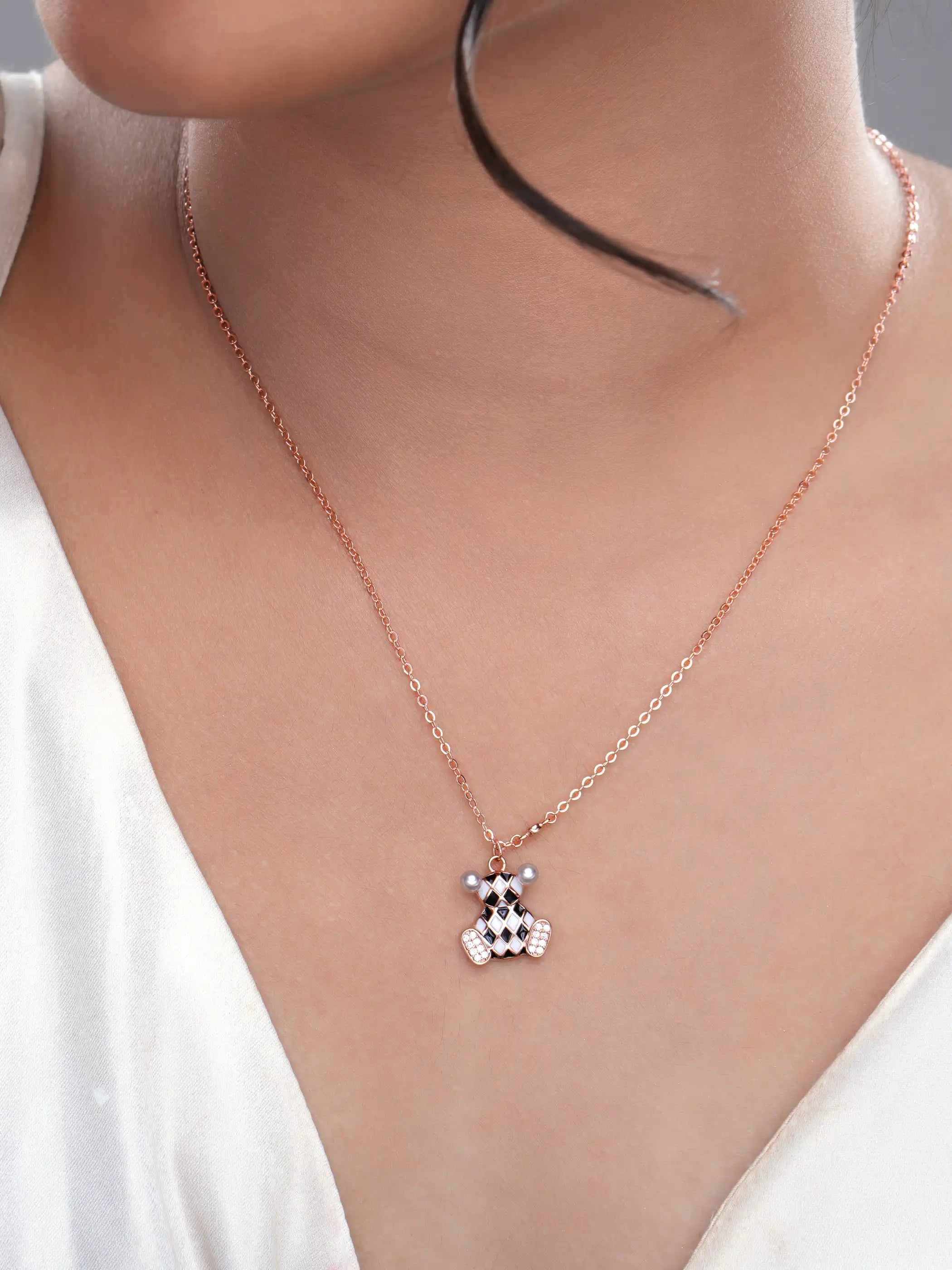 925 silver bear pendant necklace with pearl ears and crystal-studded detailing on a fine chain
