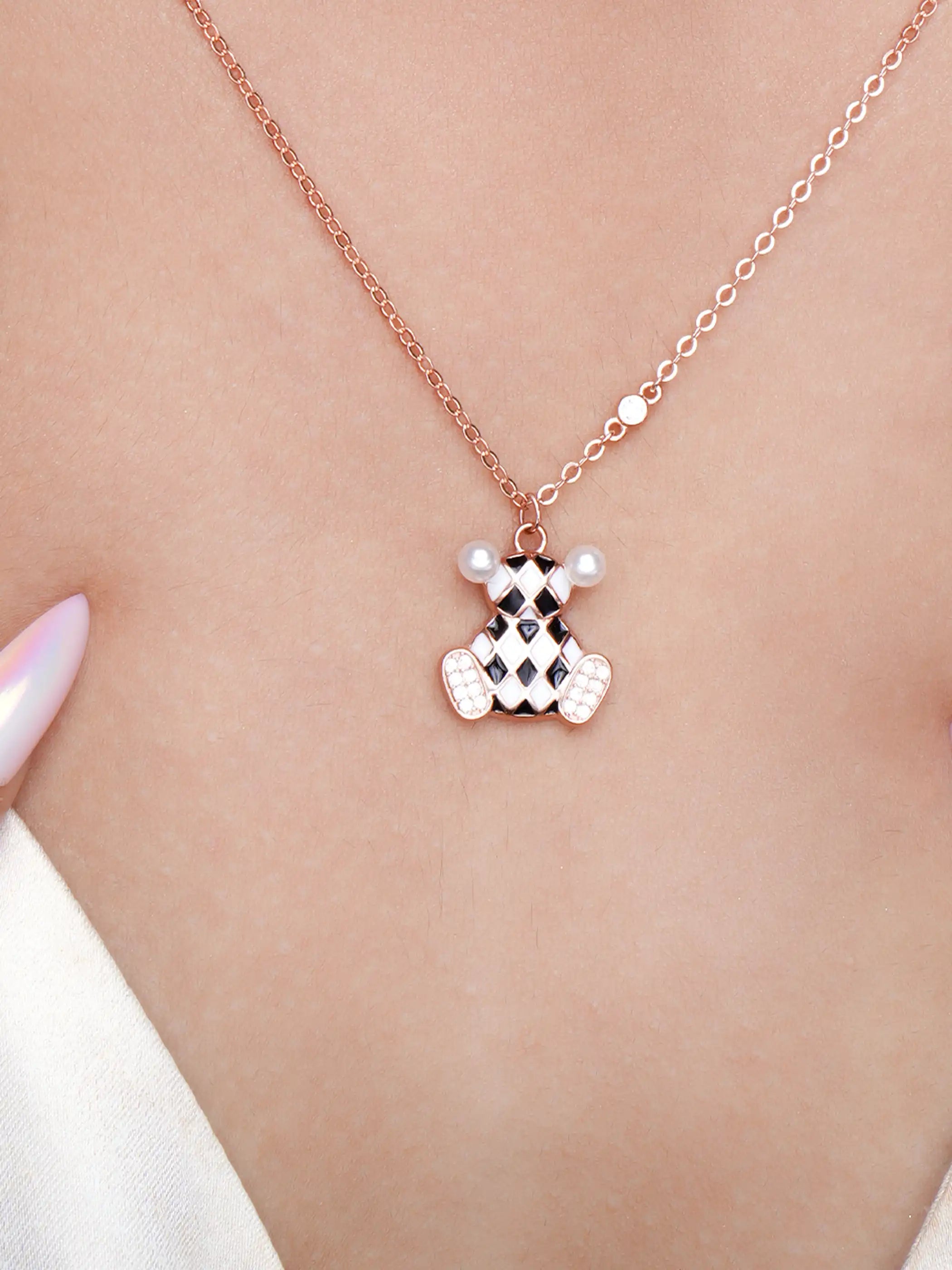 925 silver bear pendant necklace with pearl ears and crystal-studded detailing on a fine chain
