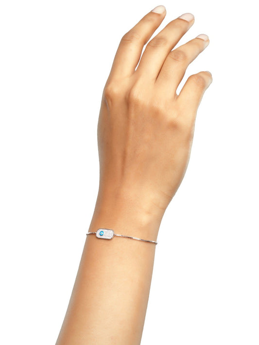 925 silver adjustable bracelet with rectangular cubic zirconia plate and blue evil eye center charm