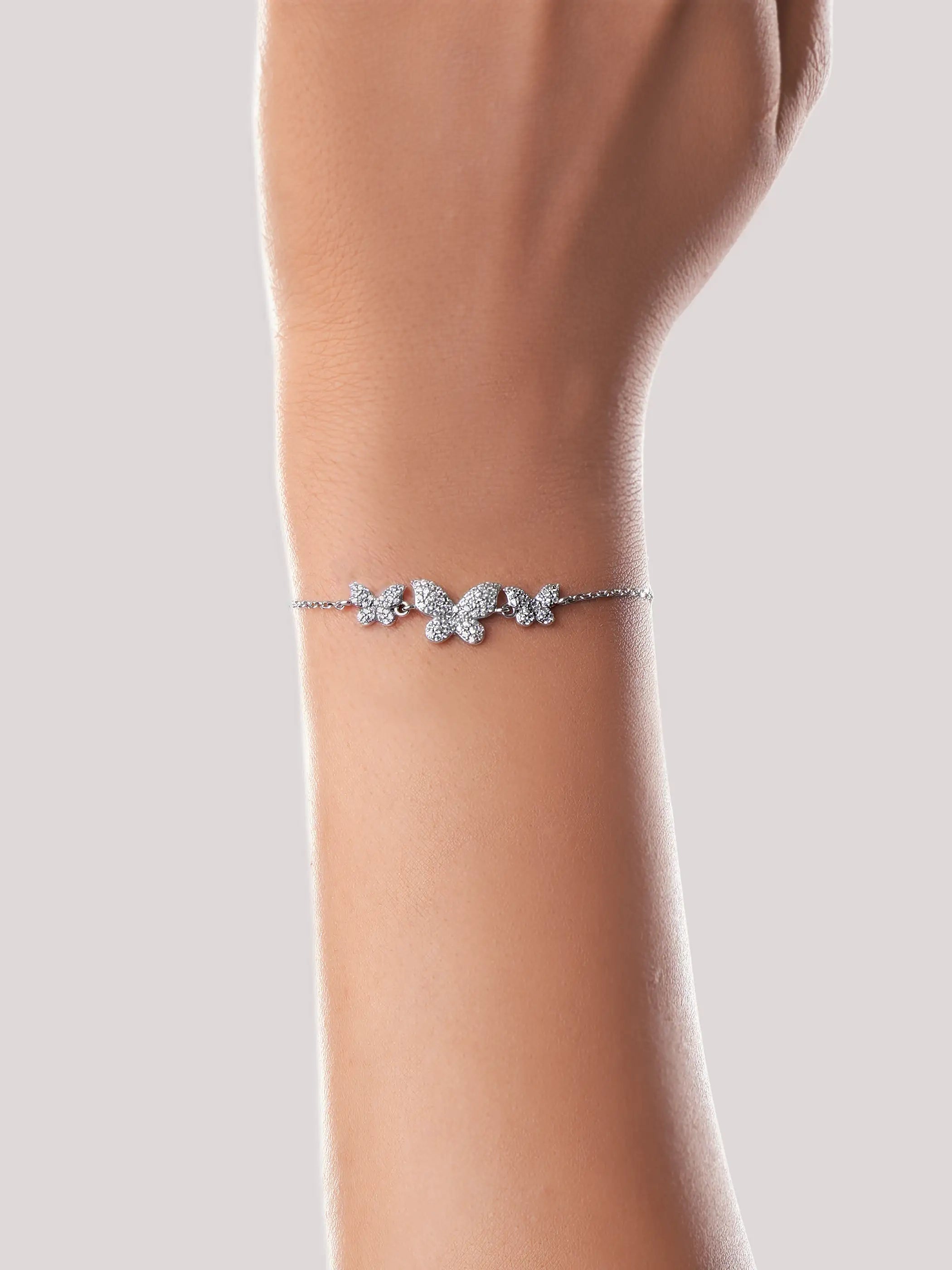 925 silver adjustable bracelet with three crystal-studded butterfly charms on a delicate chain