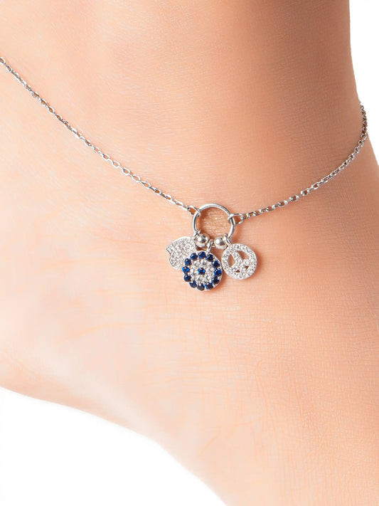 925 silver pendant necklace with crystal hamsa hand, evil eye, and star charms in blue and white stone detailing