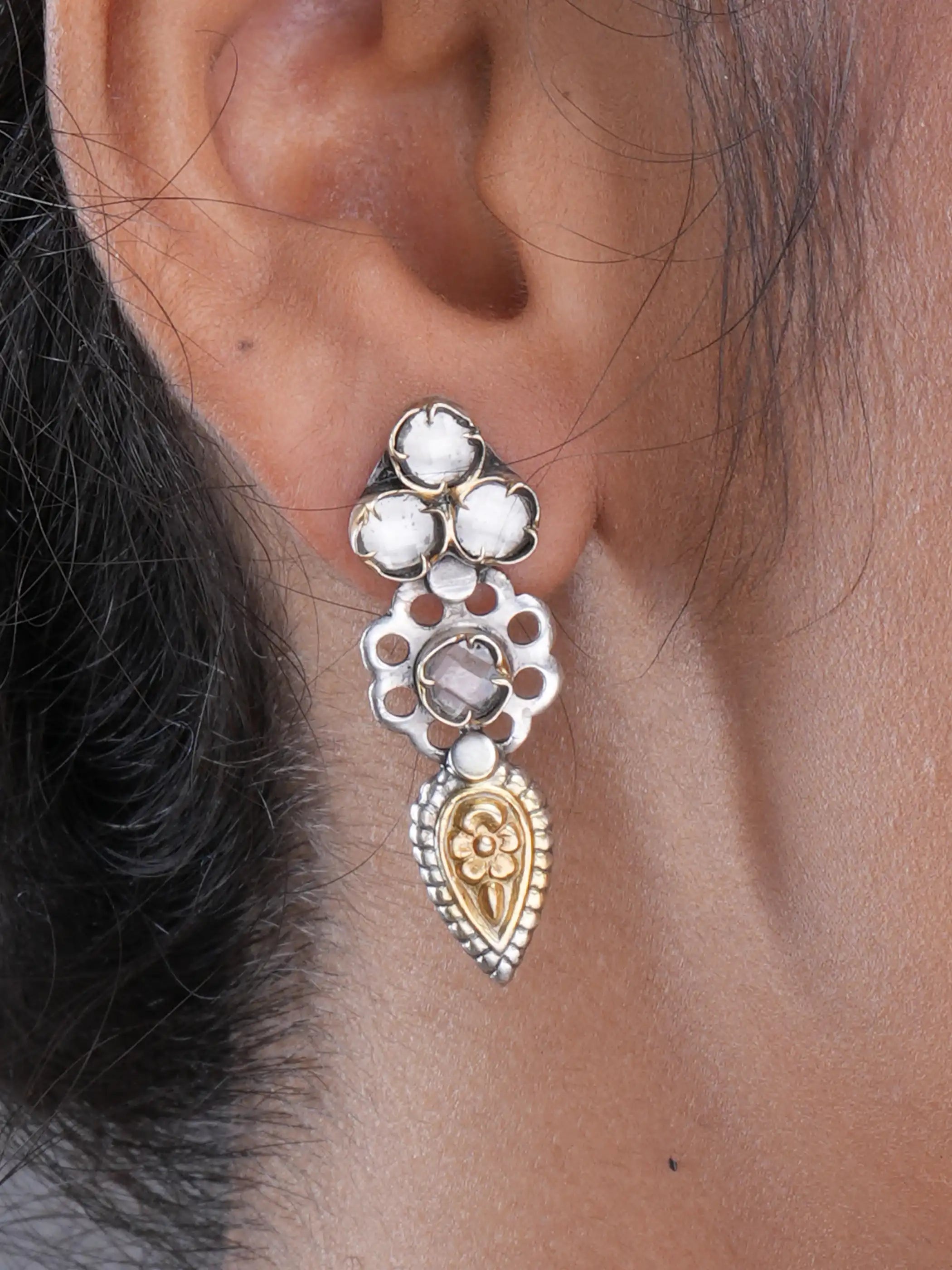 925 silver floral drop earrings with faceted crystal clusters, gold-plated detailing, and oxidized finish