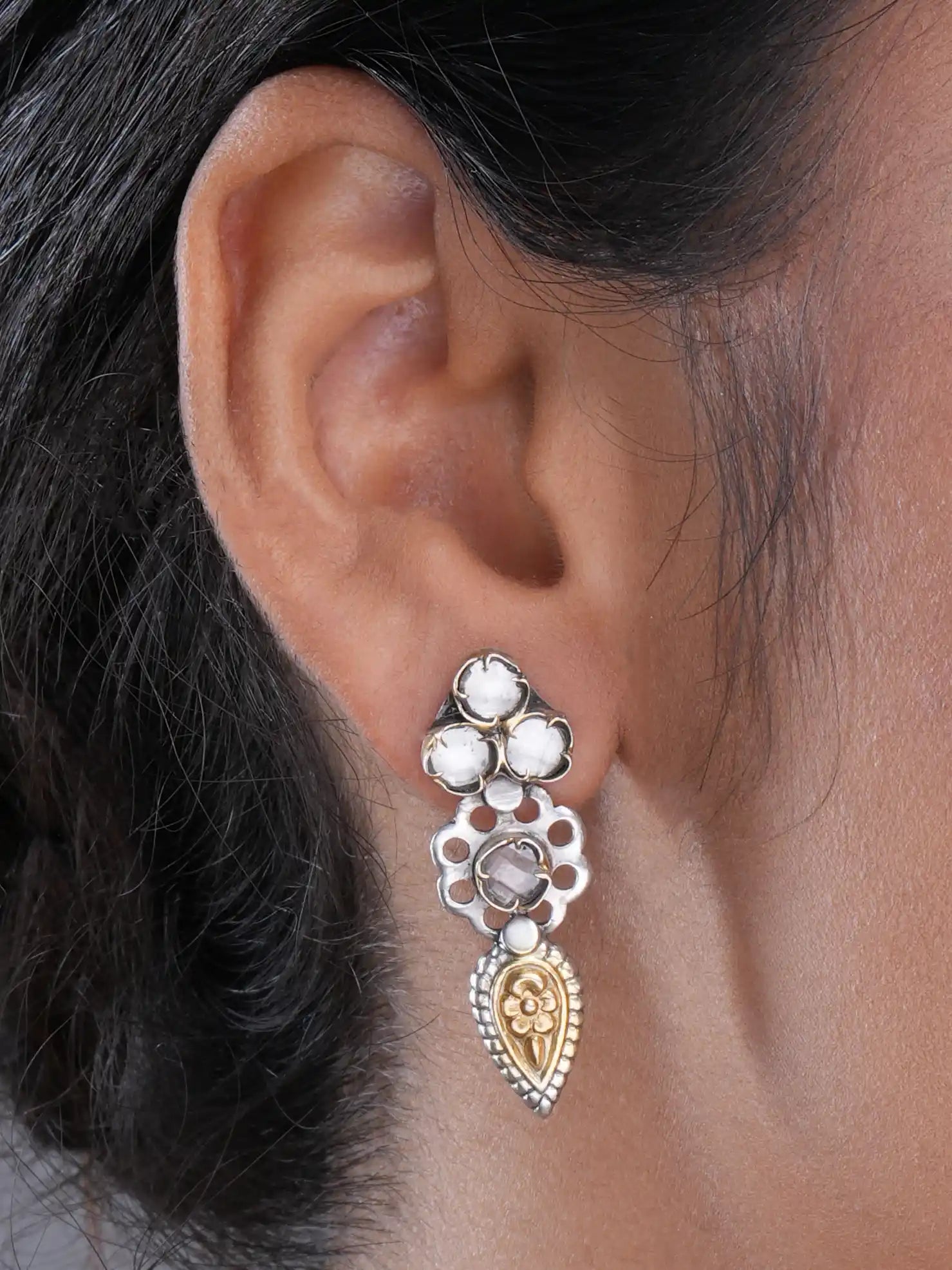 925 silver floral drop earrings with faceted crystal clusters, gold-plated detailing, and oxidized finish