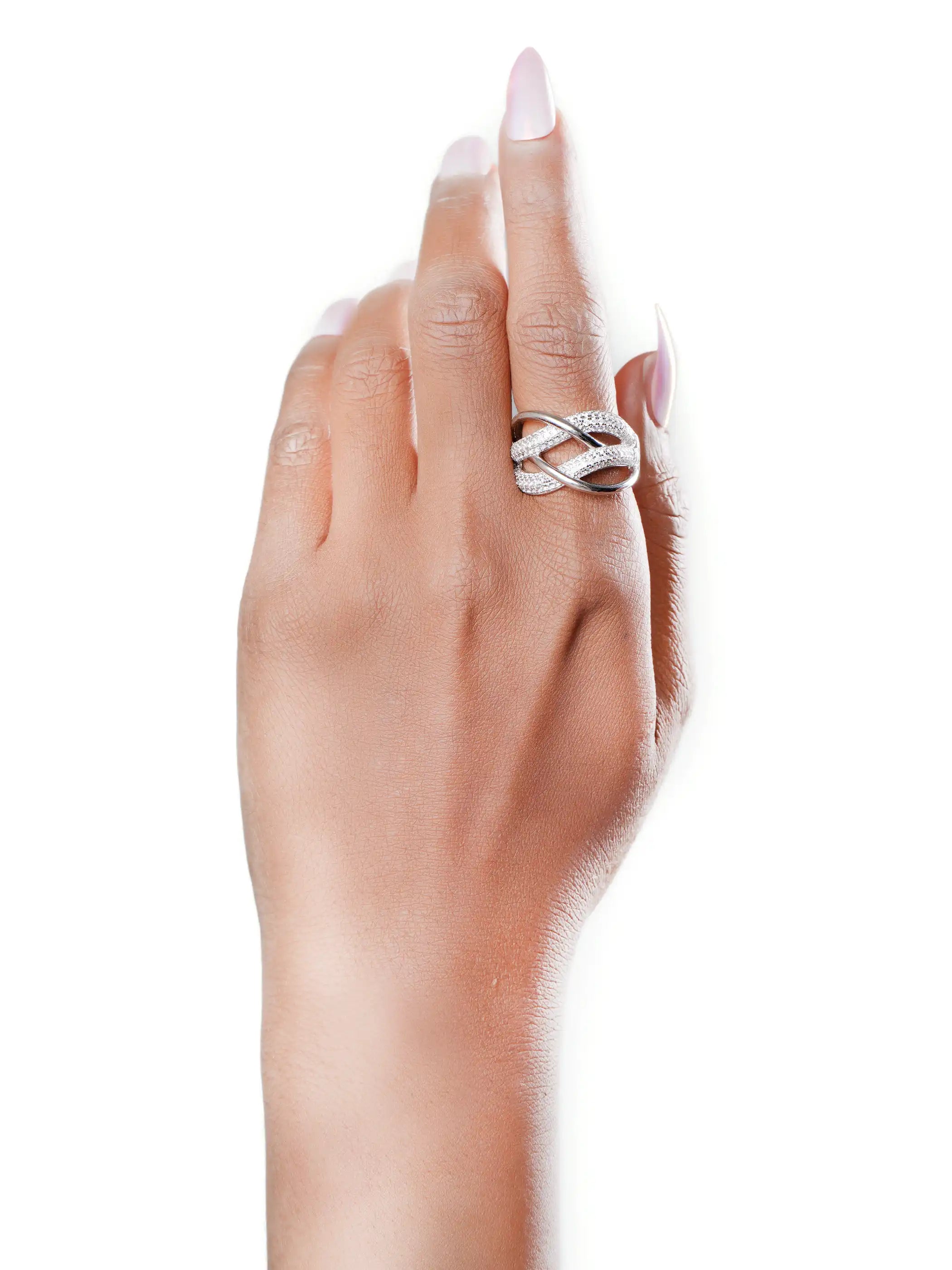 925 silver crisscross ring with pavé CZ stones in an intertwined band design