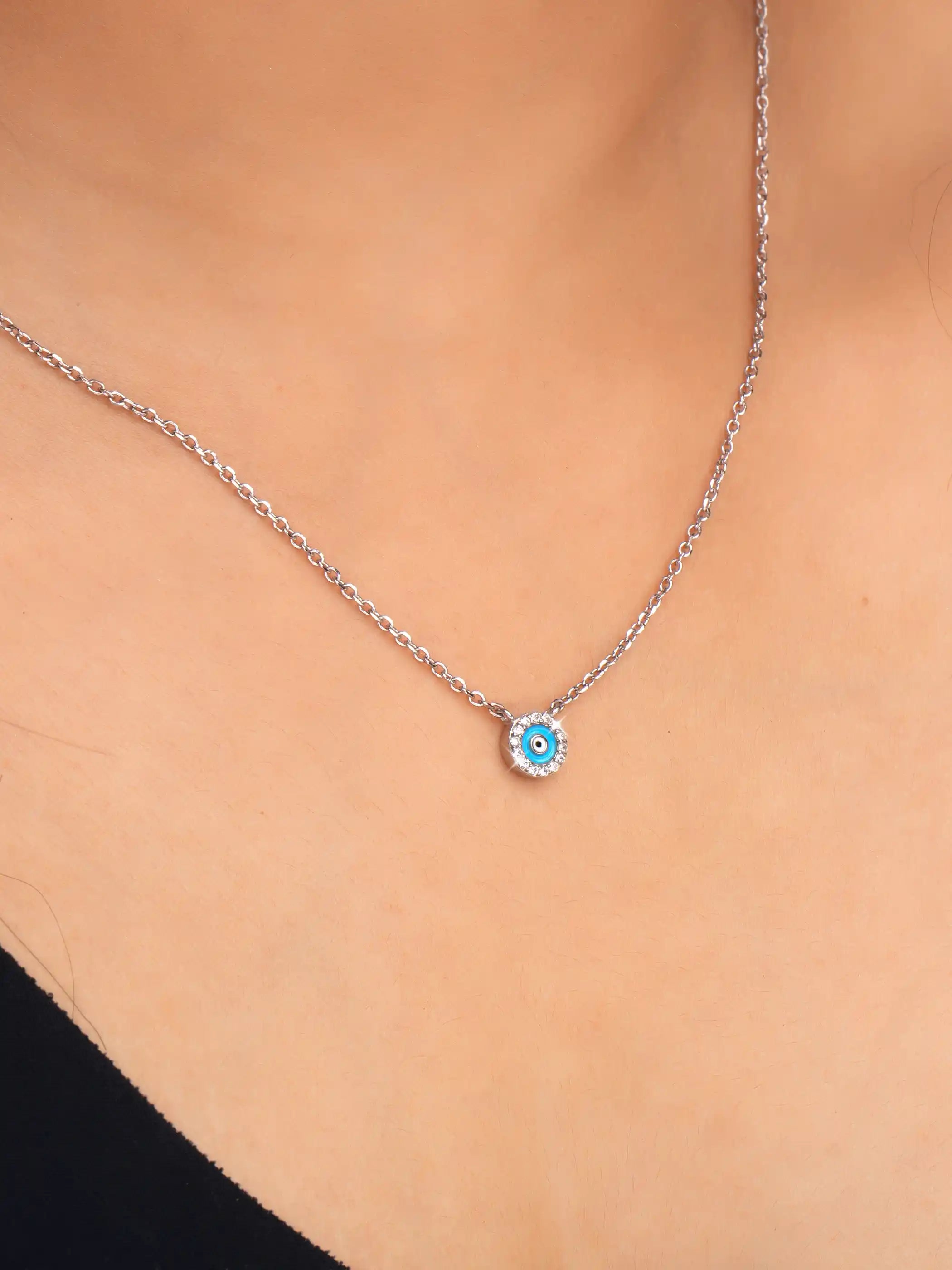 925 silver evil eye pendant with blue enamel centerpiece on delicate chain