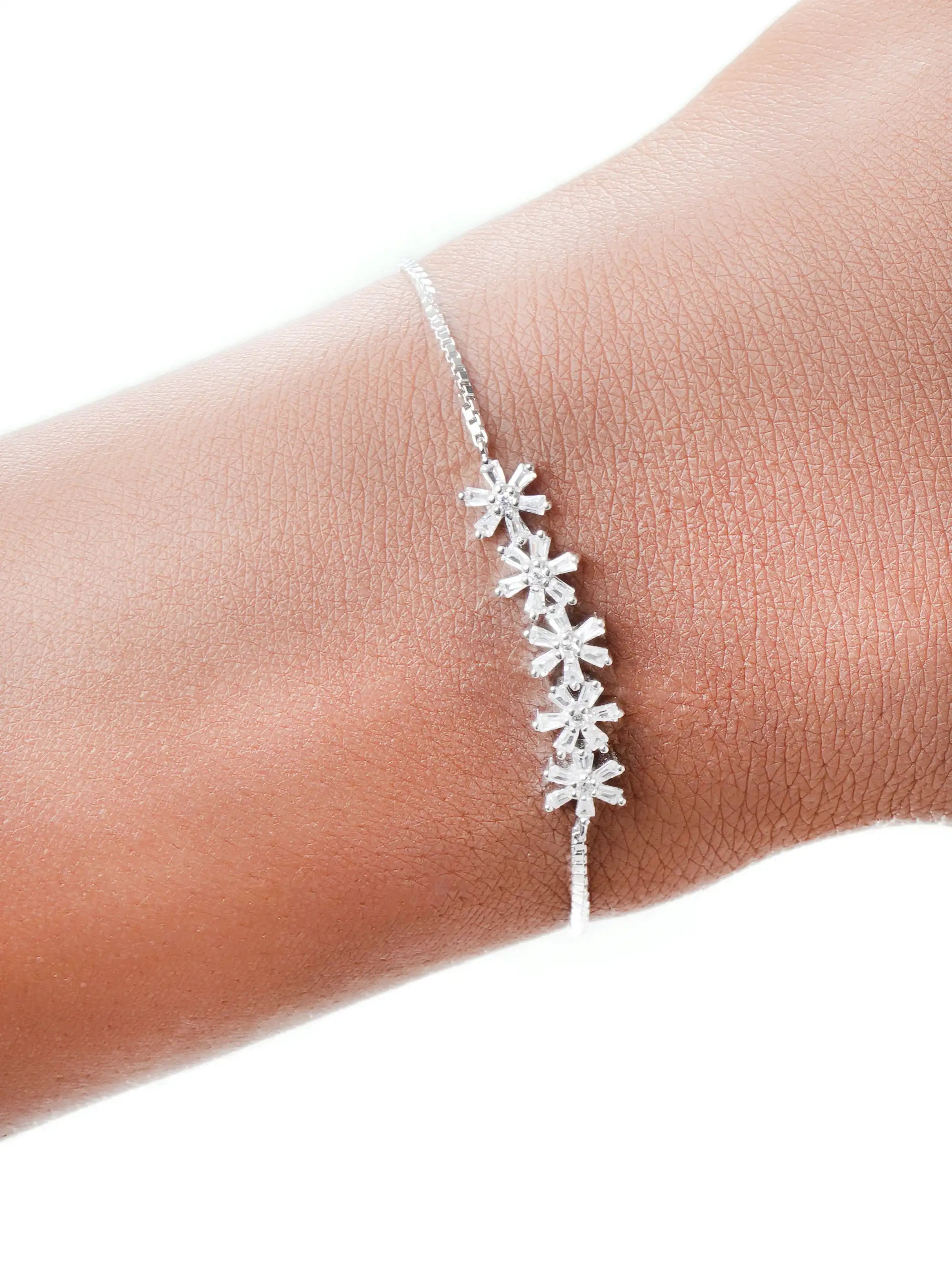 925 silver floral bracelet with CZ studded blossoms with adjustable chain design
