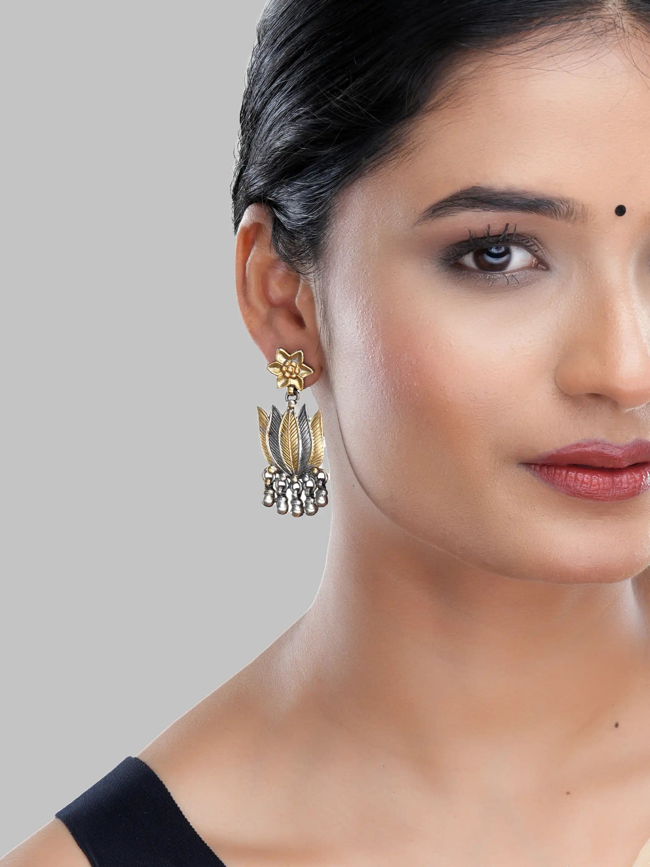 925 silver dual-tone floral leaf drop earrings with gold accents and dangling beads