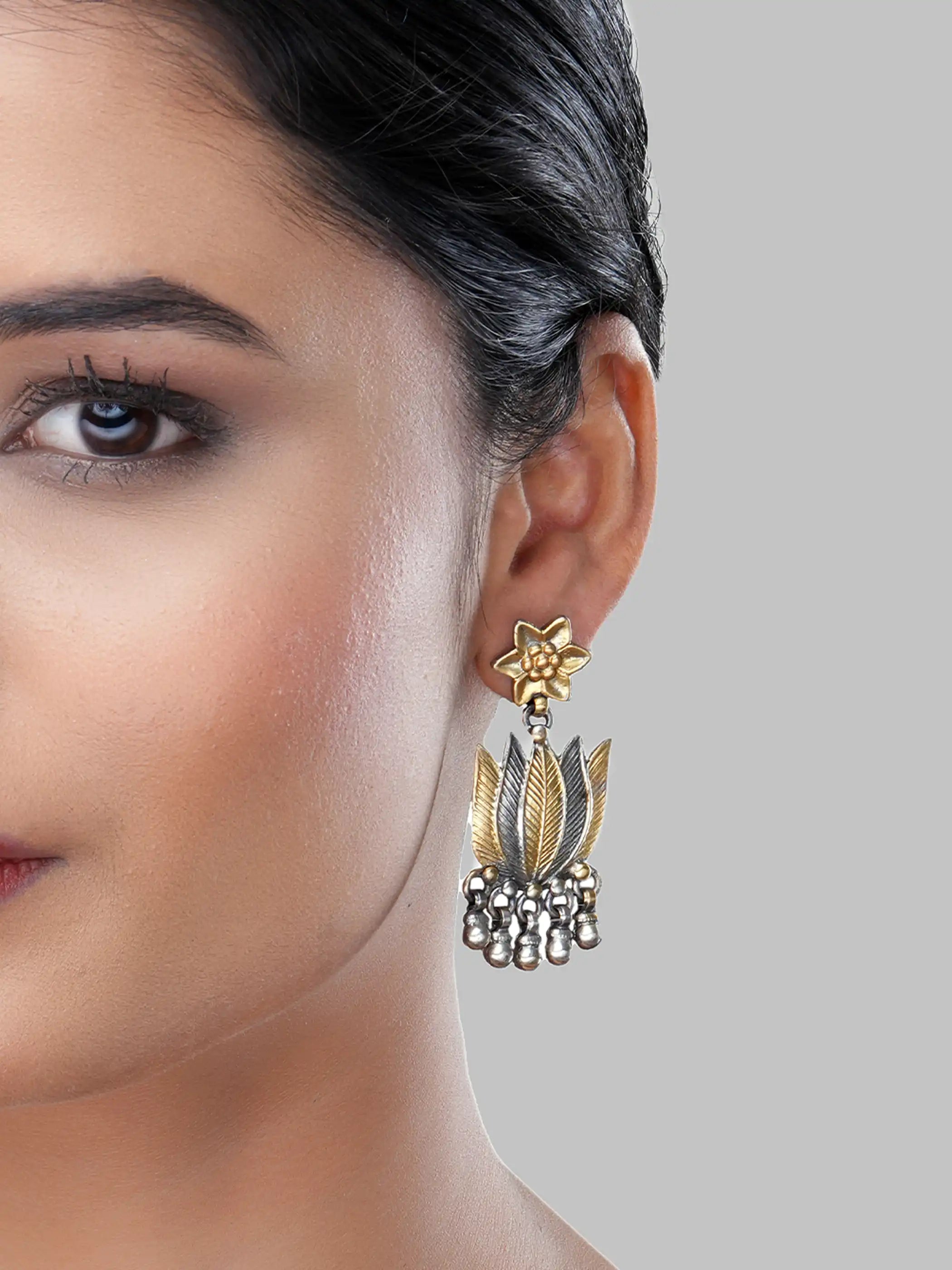 925 silver dual-tone floral leaf drop earrings with gold accents and dangling beads
