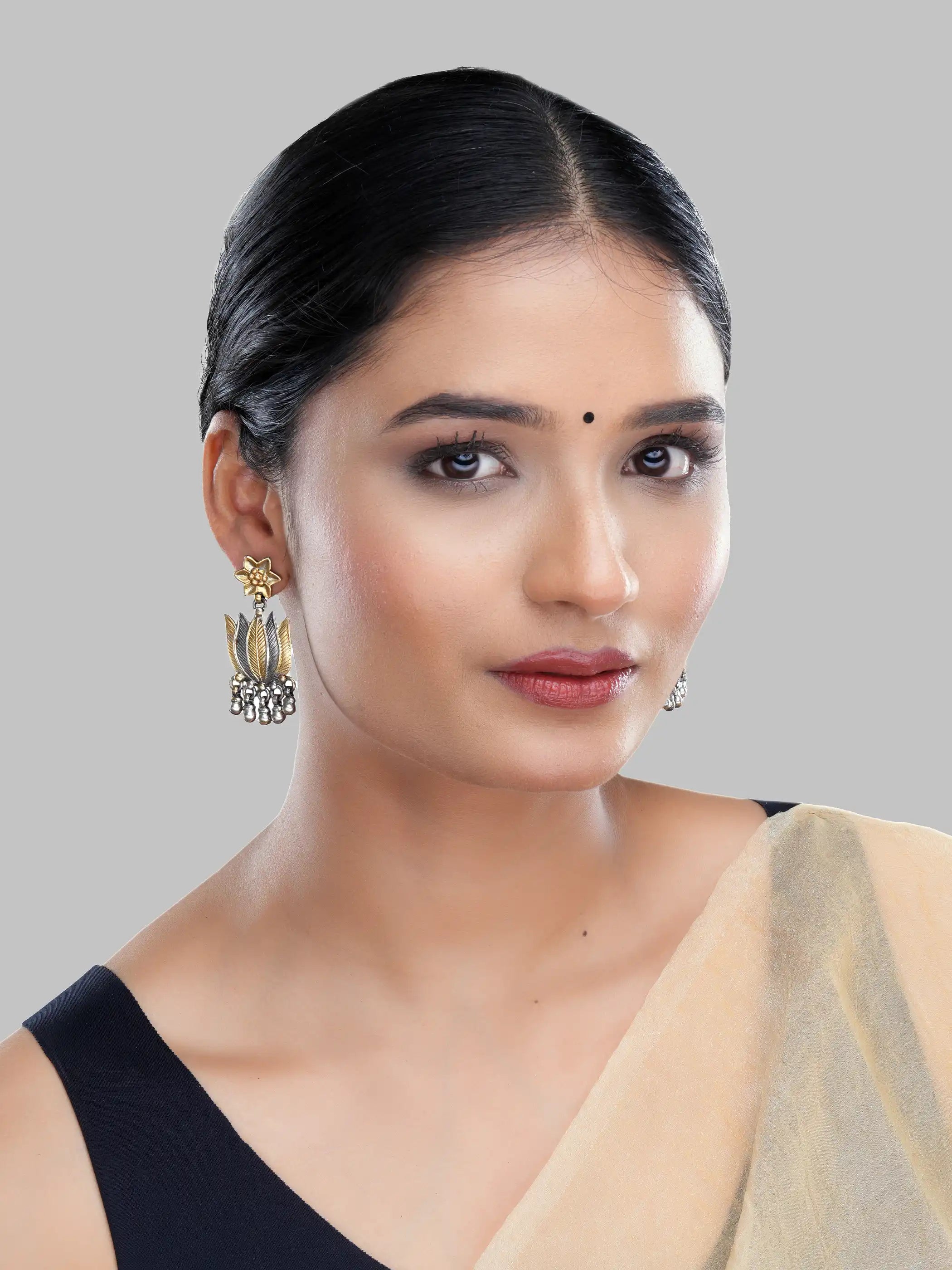 925 silver dual-tone floral leaf drop earrings with gold accents and dangling beads