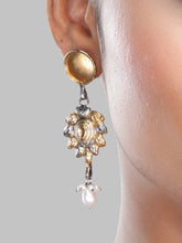 925 silver dual-tone floral drop earrings with gold accents, oxidized detailing, and pearl danglers