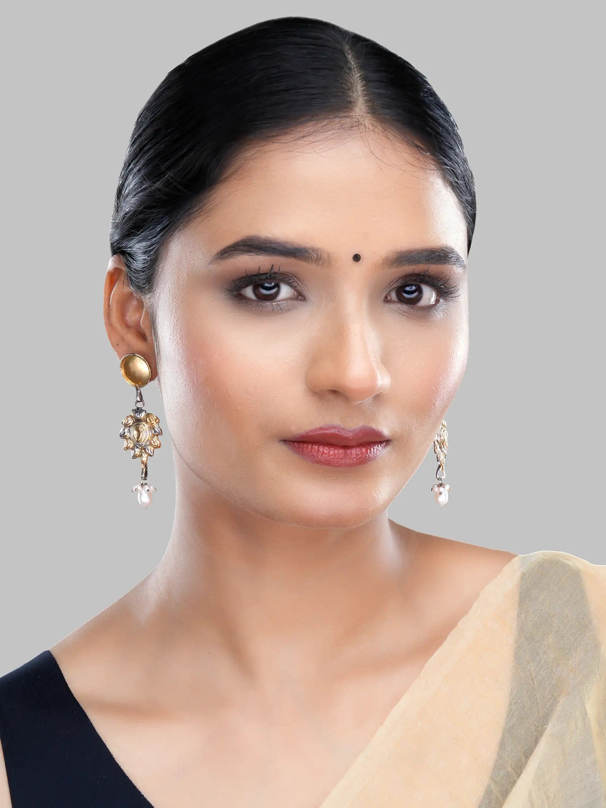 925 silver dual-tone floral drop earrings with gold accents, oxidized detailing, and pearl danglers
