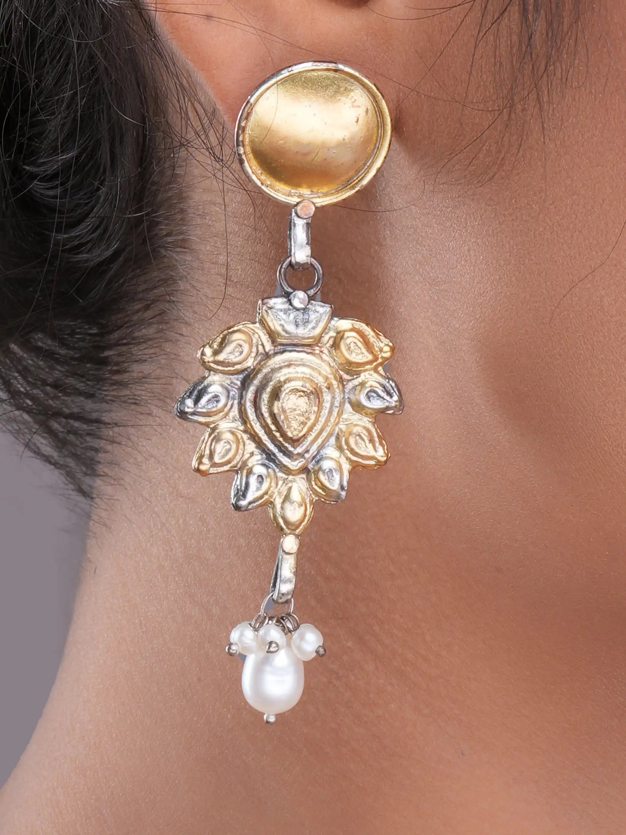 925 silver dual-tone floral drop earrings with gold accents, oxidized detailing, and pearl danglers