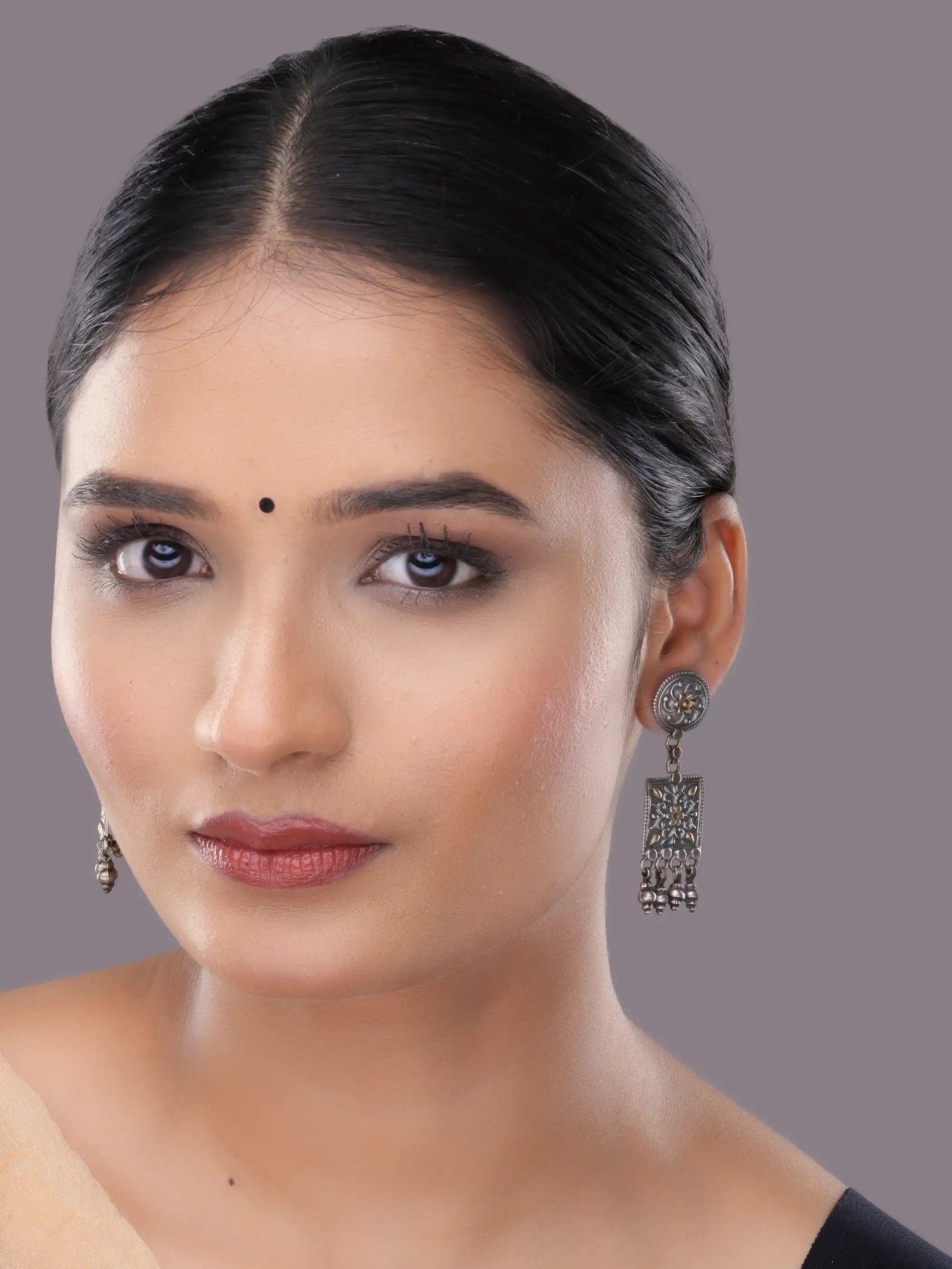 925 silver dual-tone floral square drop earrings with gold accents and dangling beads