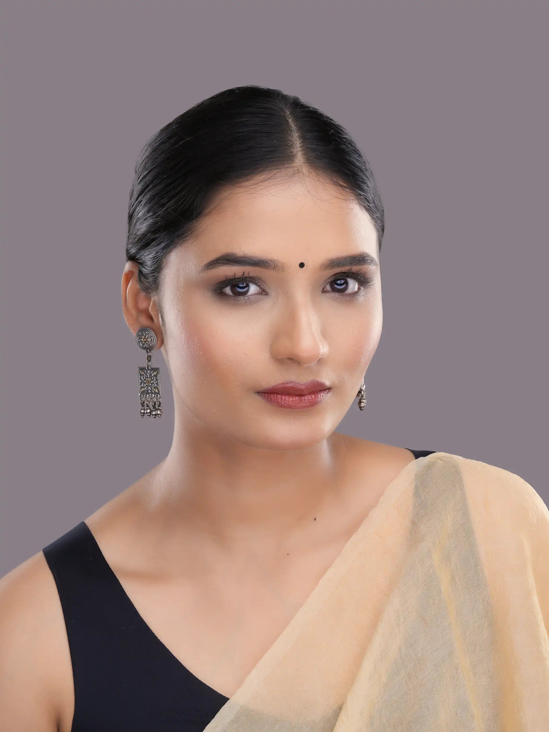 925 silver dual-tone floral square drop earrings with gold accents and dangling beads