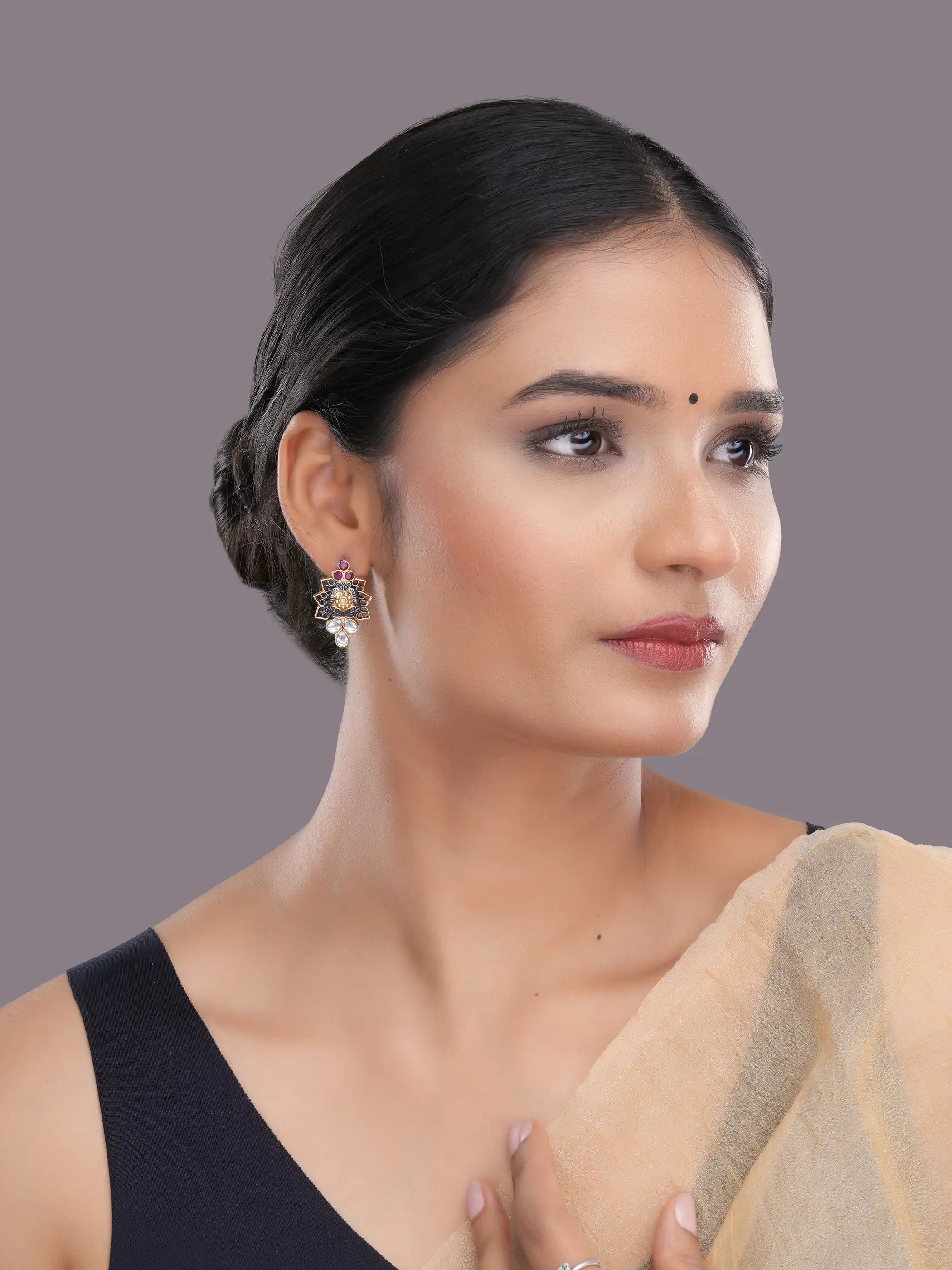 925 silver floral earrings with ruby red and teardrop crystal stones in oxidized gold detailing