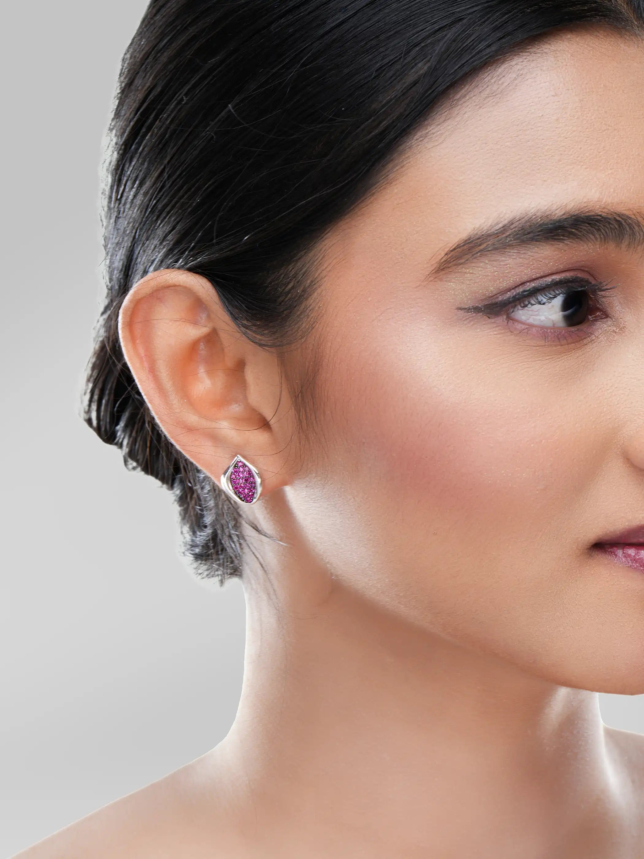 925 silver mismatched stud earrings with pink leaf motif and crystal-studded floral design