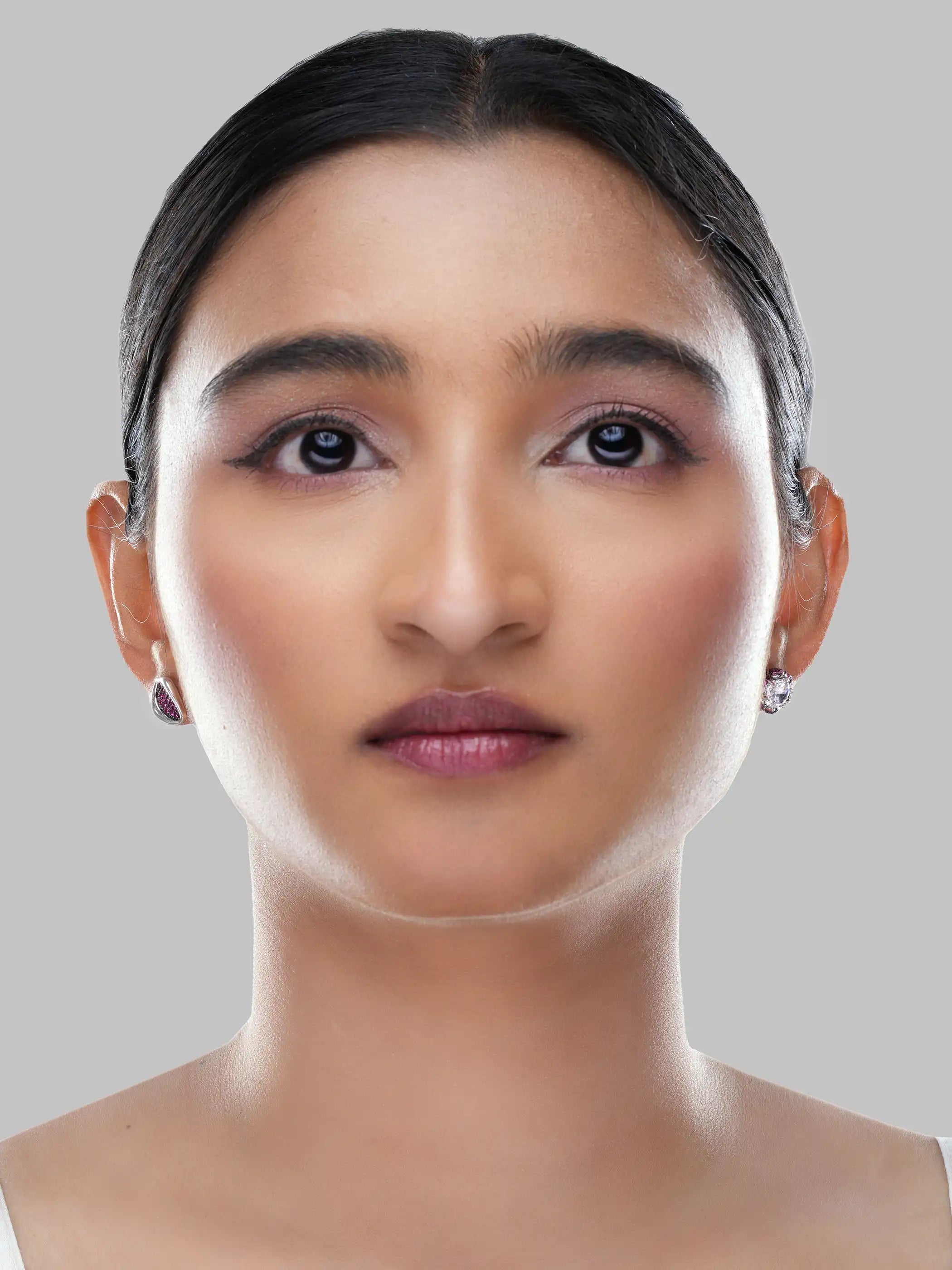 925 silver mismatched stud earrings with pink leaf motif and crystal-studded floral design