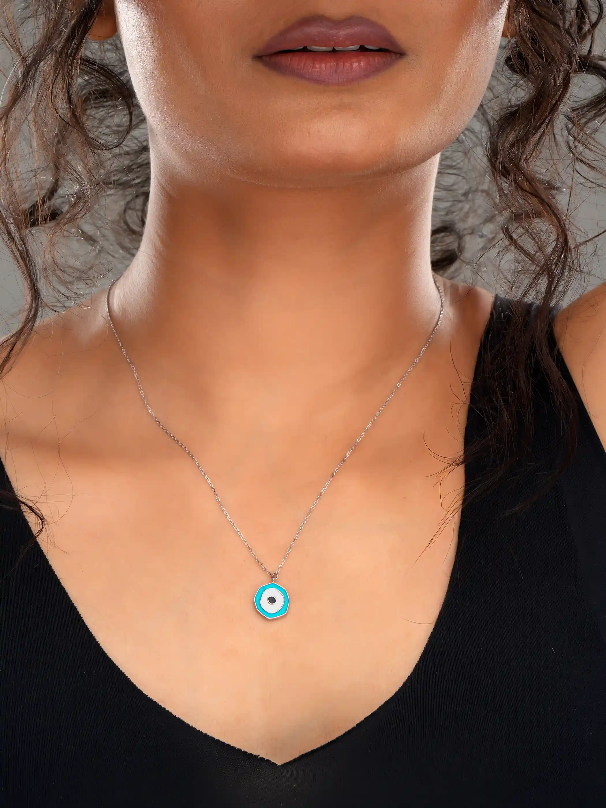 925 silver necklace with a hexagon-shaped blue evil eye pendant, minimal design for everyday protection and style