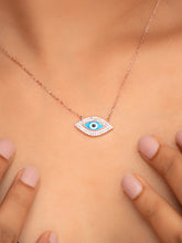 925 silver necklace with mother-of-pearl evil eye pendant in an outlined eye shape, symbolizing protection and elegance
