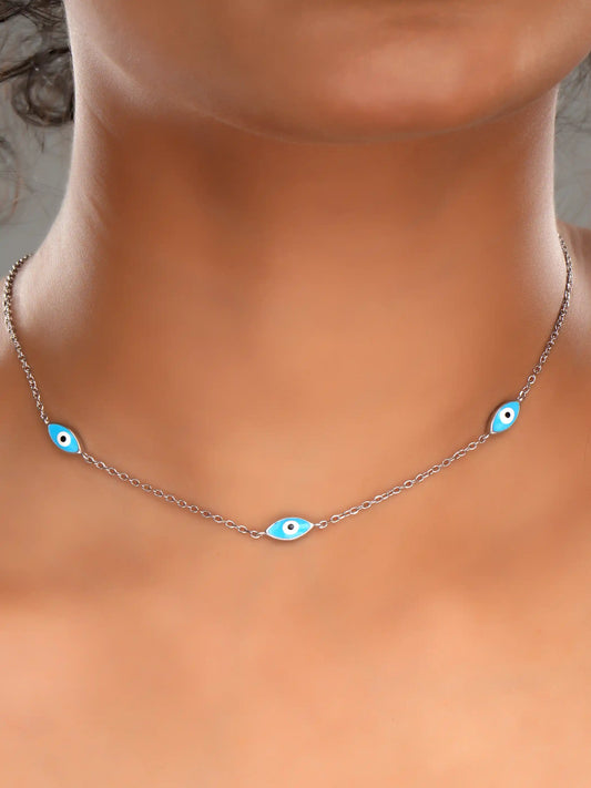 925 silver necklace featuring triple blue enamel evil eye charms on a delicate chain for protection and modern style