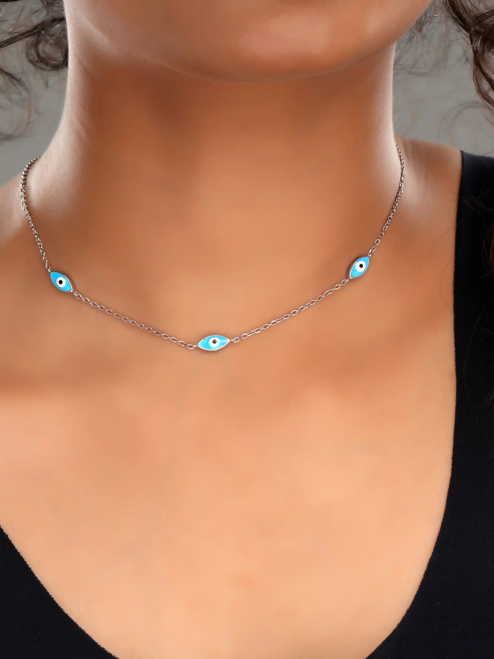 925 silver necklace featuring triple blue enamel evil eye charms on a delicate chain for protection and modern style