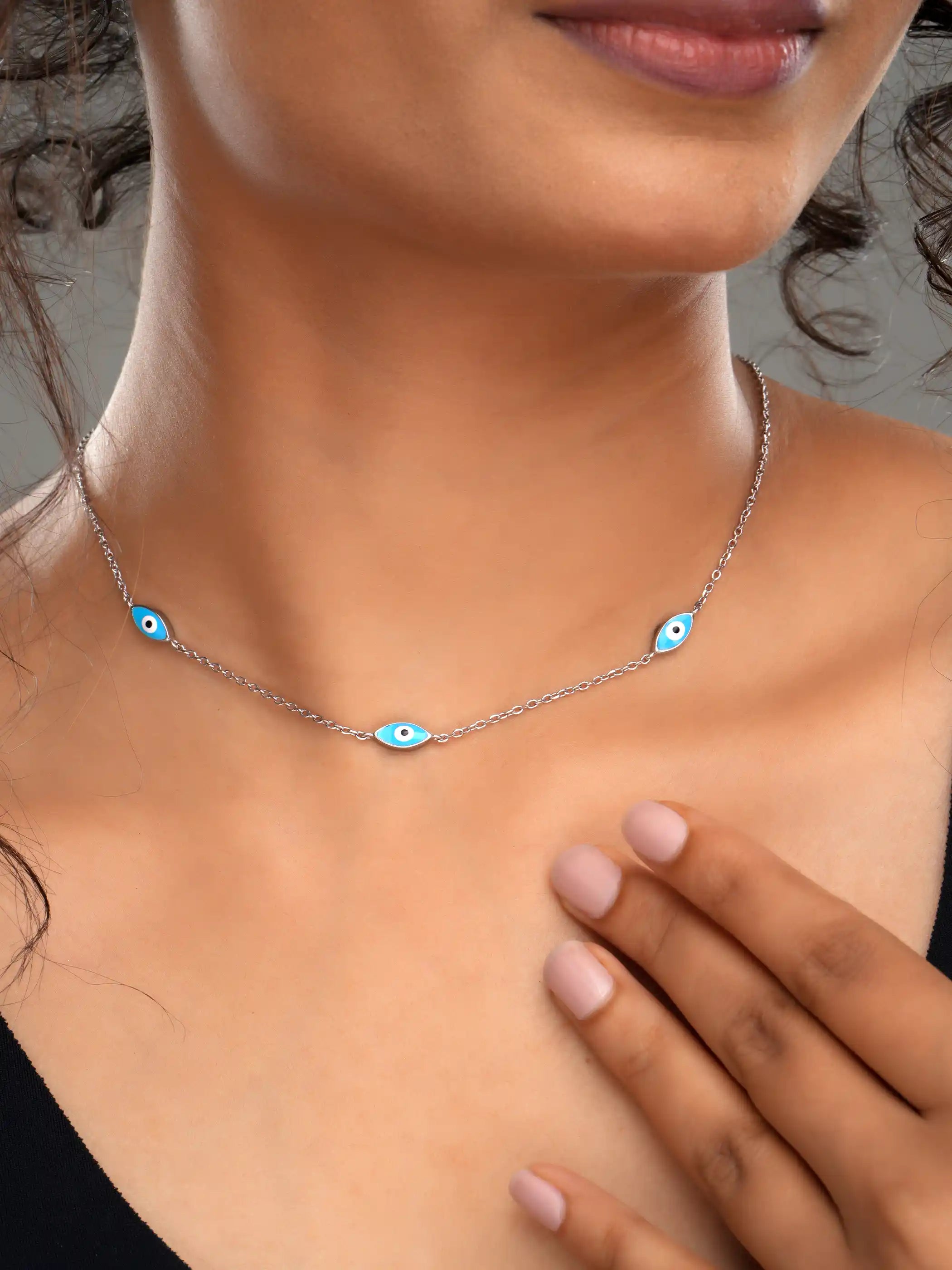 925 silver necklace featuring triple blue enamel evil eye charms on a delicate chain for protection and modern style