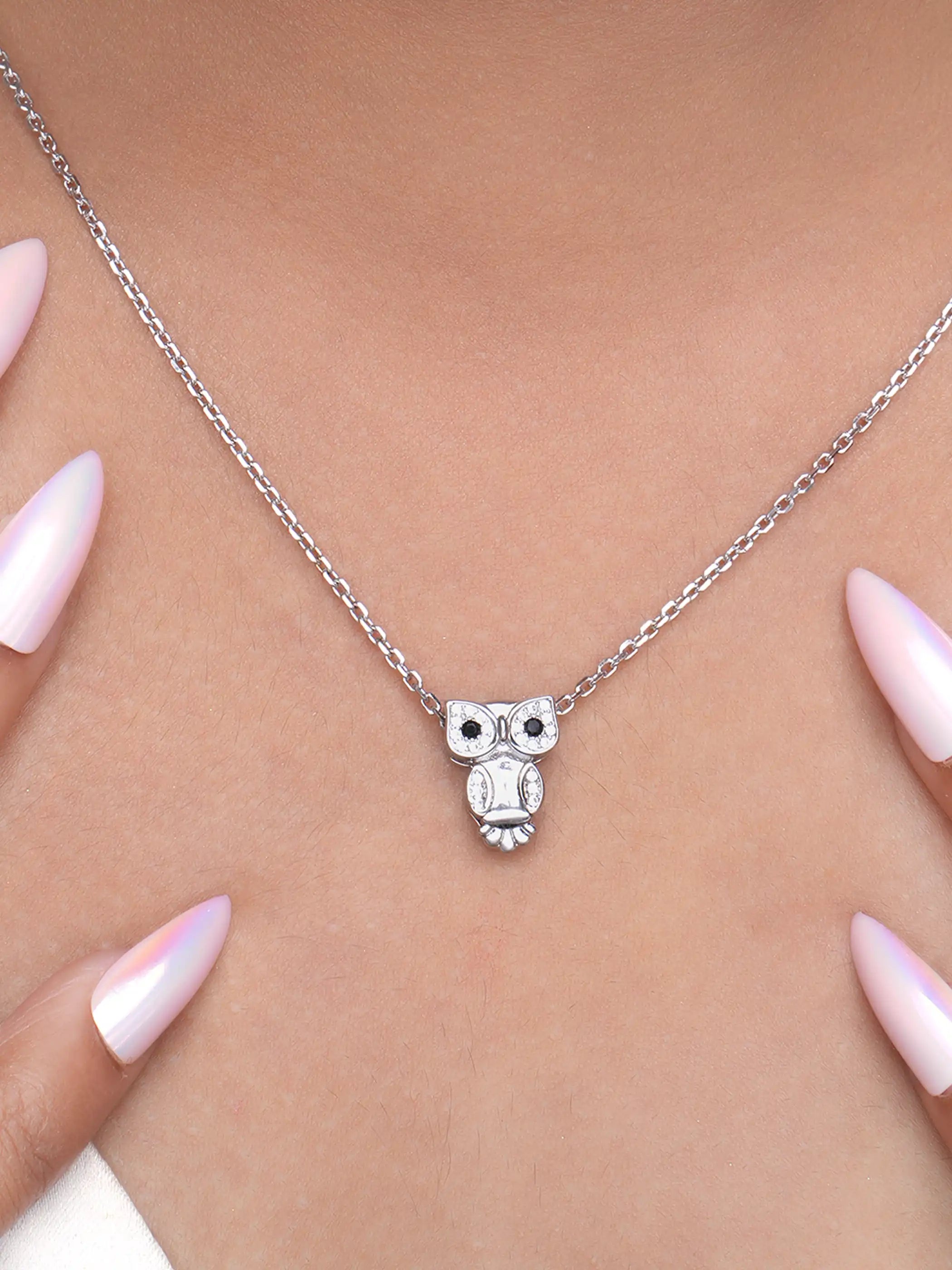 925 silver owl pendant necklace with crystal-studded detailing on a fine chain