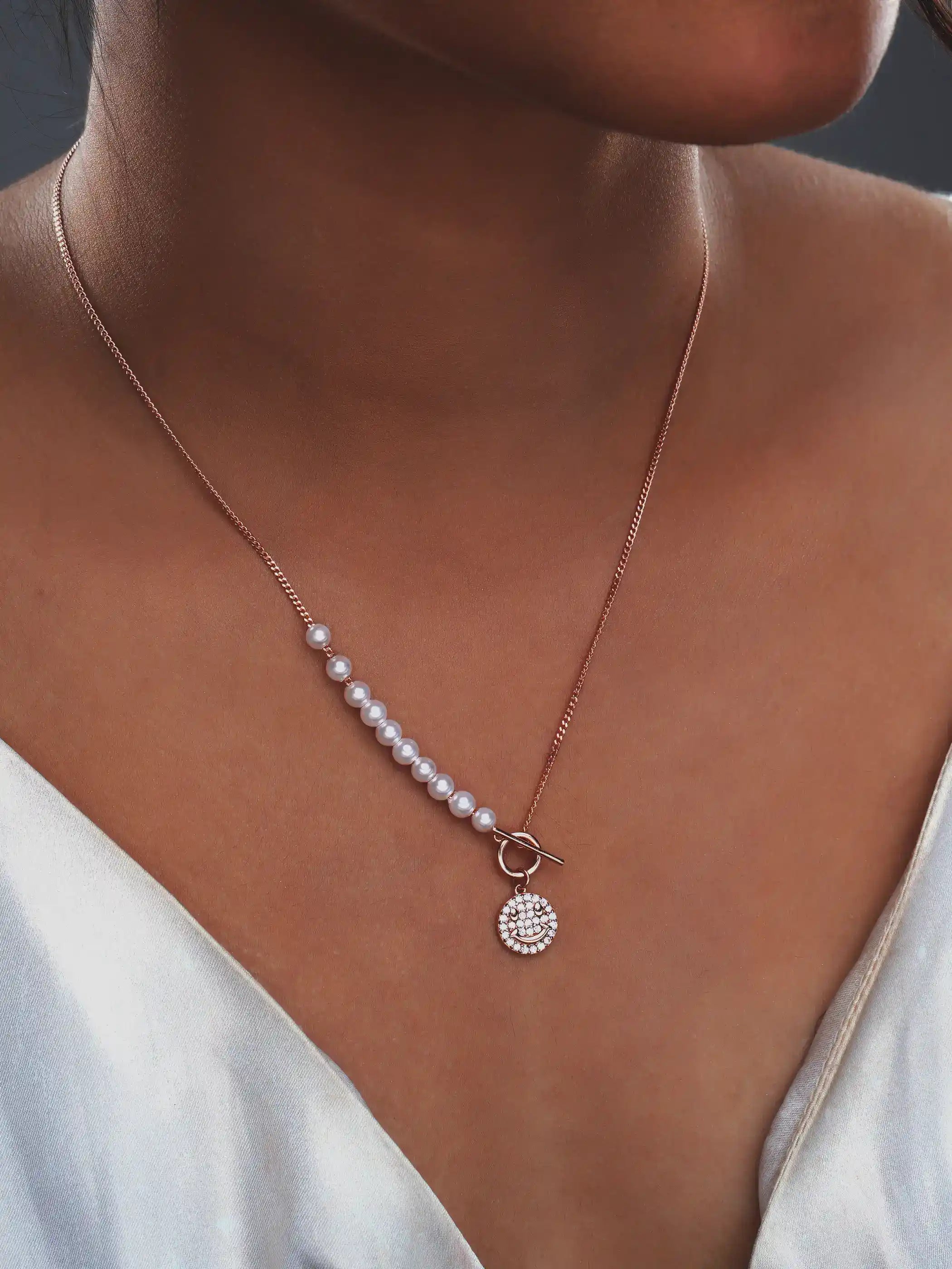 925 silver pearl chain necklace with crystal-studded smiley face pendant in dual design