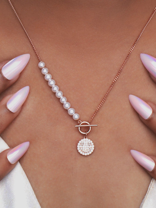 925 silver pearl chain necklace with crystal-studded smiley face pendant in dual design