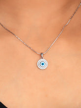 925 silver round pendant with blue evil eye center and crystal-studded halo for a bold protective charm