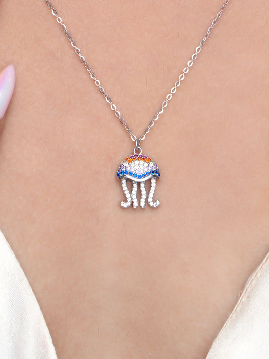 925 silver rainbow jellyfish pendant necklace with multicolor crystals on a fine chain