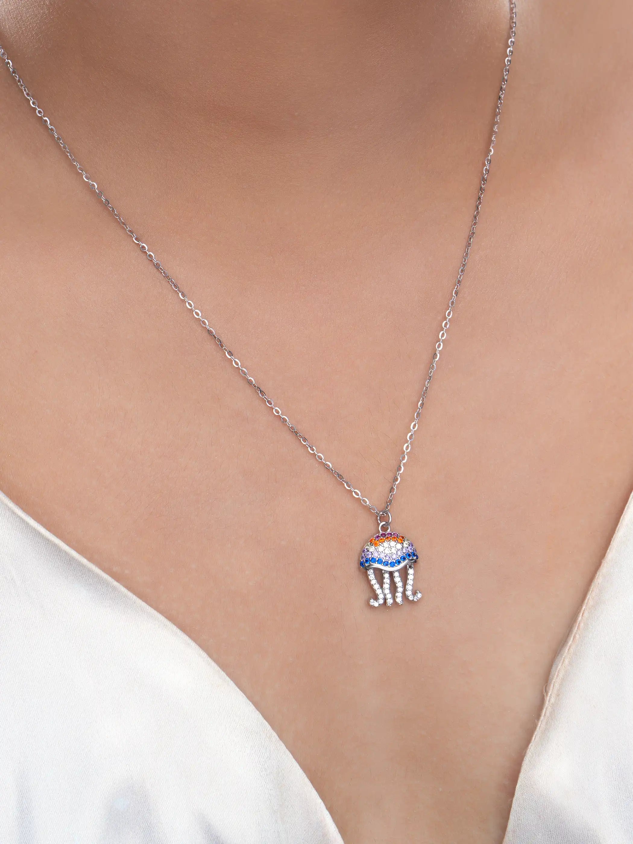 925 silver rainbow jellyfish pendant necklace with multicolor crystals on a fine chain
