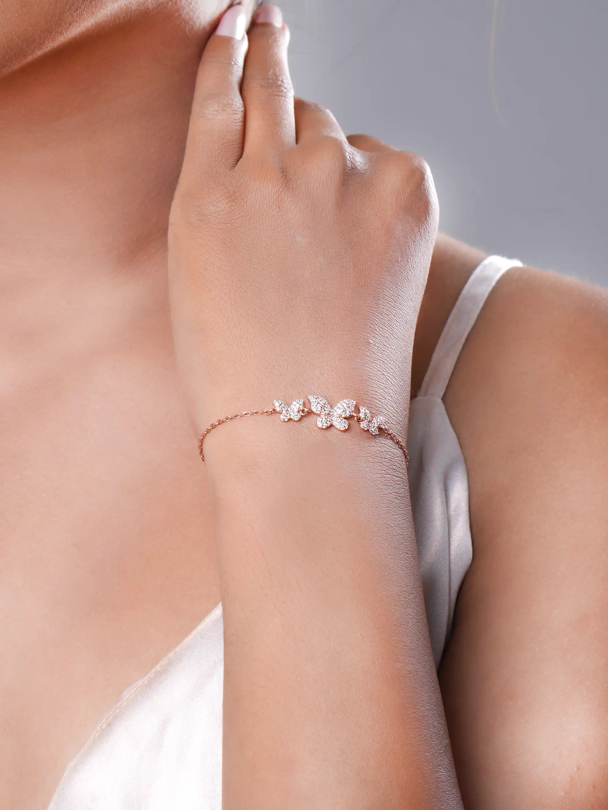 925 silver rose gold plated bracelet with three crystal-studded butterfly charms on delicate adjustable chain