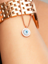 925 silver rose gold plated necklace with round blue evil eye pendant surrounded by sparkling crystals for a chic protective charm