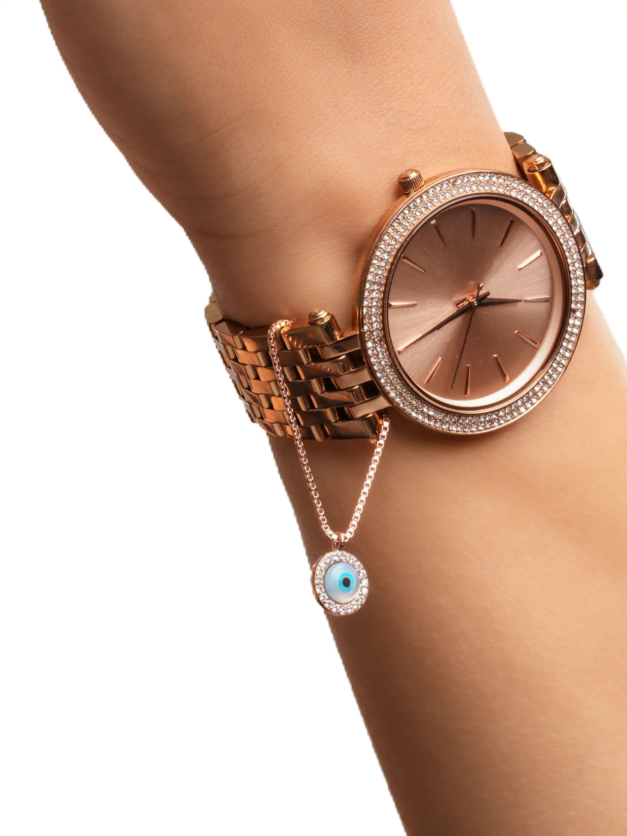 925 silver rose gold plated necklace with round blue evil eye pendant surrounded by sparkling crystals for a chic protective charm