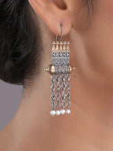 925 silver temple motif drop earrings with gold accents, oxidized detailing, and dangling pearl chains